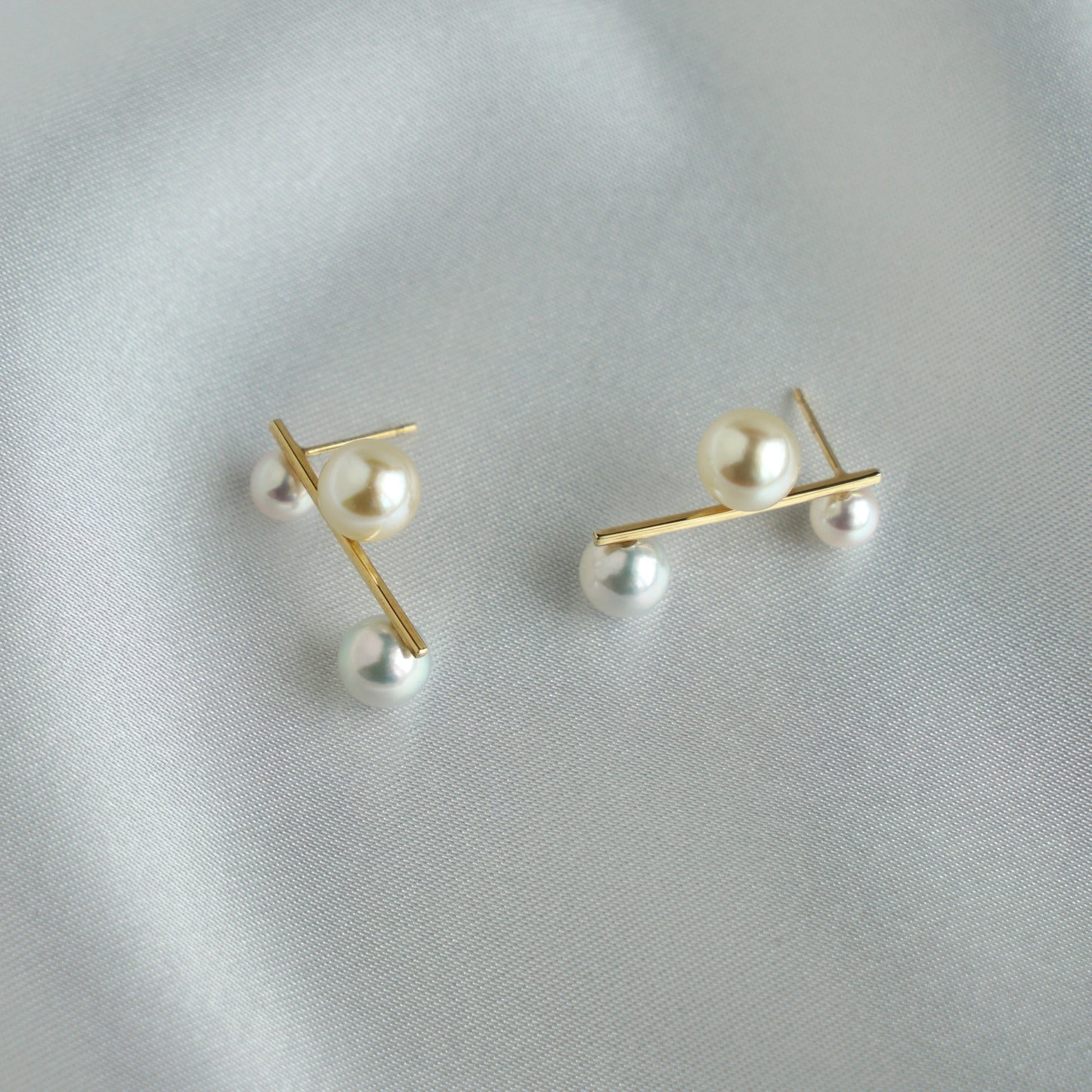 3色 4.5-7mm アコヤ真珠バースタッドピアス 18K イエローゴールド