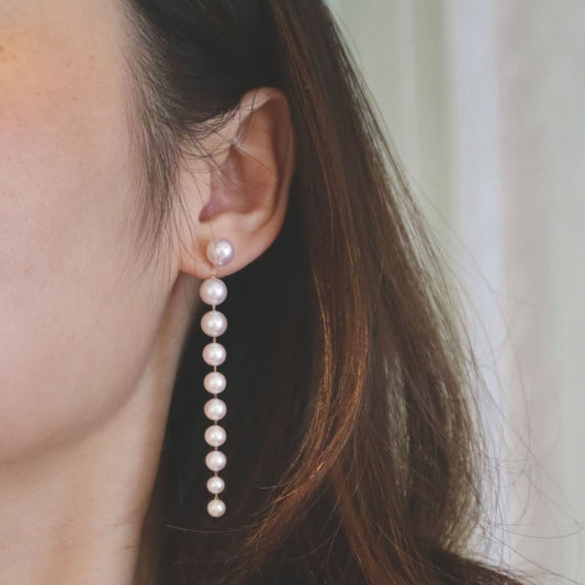 2Ways Wearing 3.0-8.0mm Gradient Sized Akoya Pearl Drop Earrings 18K Yellow Gold