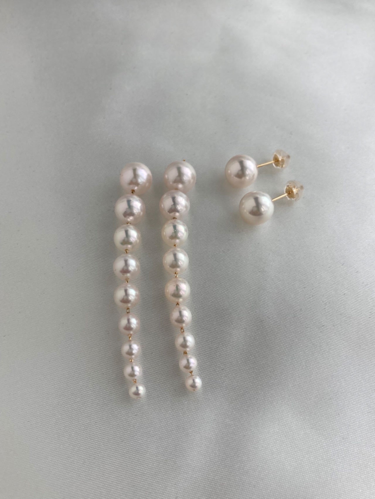 2Way 着用 3-8mm グラデーションサイズ アコヤ真珠ドロップピアス 18K イエローゴールド