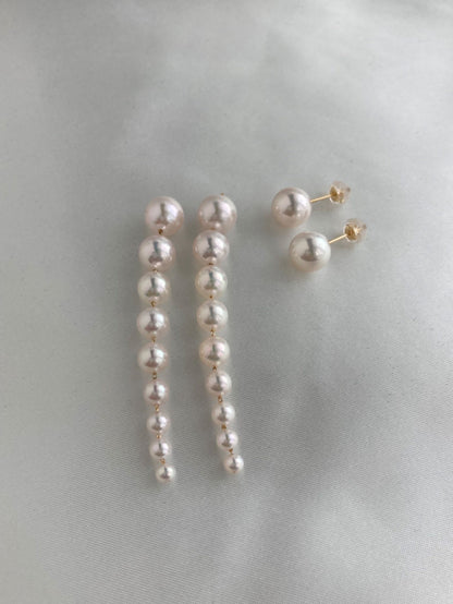 2Ways Wearing 3-8mm Gradient Sized Akoya Pearl Drop Earrings 18K Yellow Gold