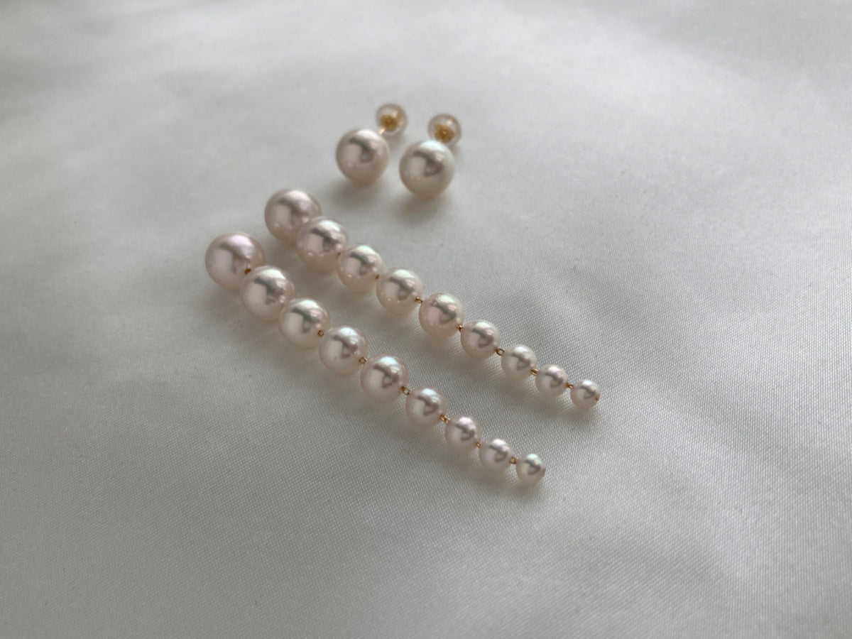 2Ways Wearing 3.0-8.0mm Gradient Sized Akoya Pearl Drop Earrings 18K Yellow Gold