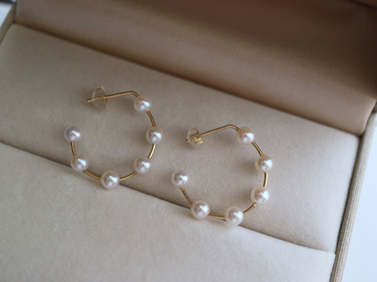 3.5–4mm Akoya Pearl Station Hoop Earrings in 18K Yellow Gold - KOKOPEARLJEWELRY - 6