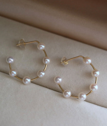 3.5–4mm Akoya Pearl Station Hoop Earrings in 18K Yellow Gold - KOKOPEARLJEWELRY - 6