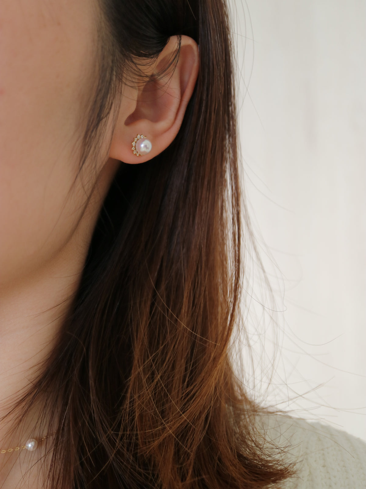 6.5mm Akoya Pearl Diamond Halo Stud Earrings 18K Solid Gold