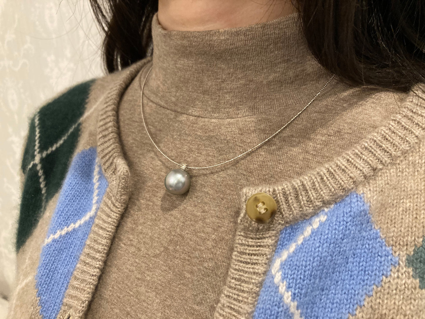 12mm グレー タヒチアン パール ダイヤモンド ペンダント ワイヤー ネックレス 18K ホワイト ゴールド