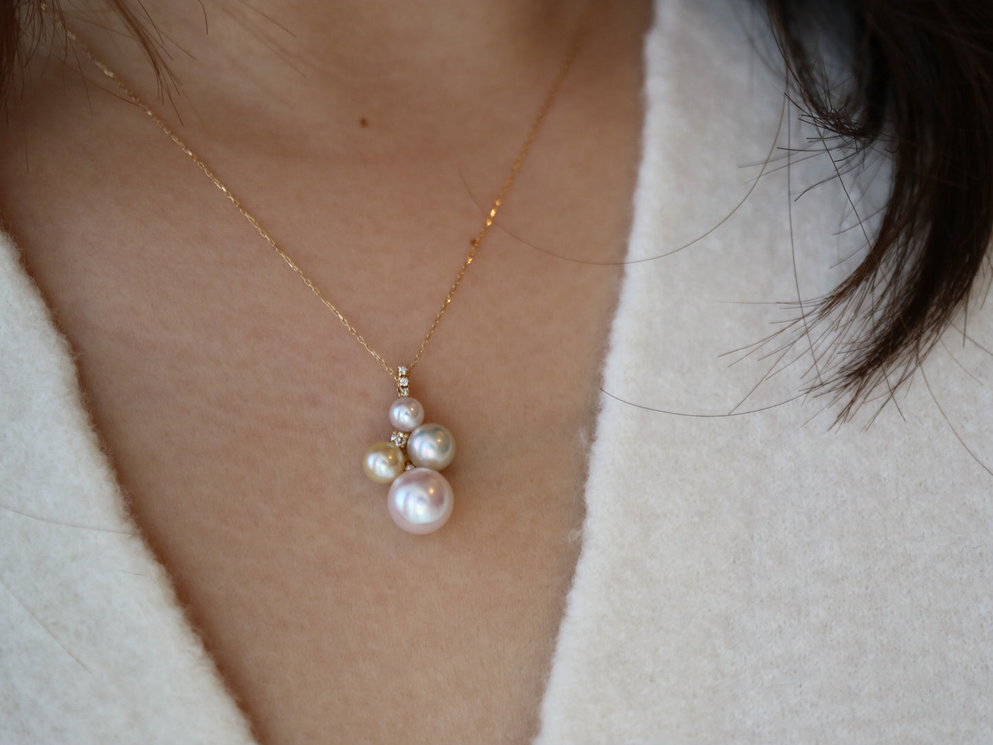 ミックスカラー / ピンクホワイト 4-7.5mm アコヤ真珠 ダイヤモンド ペンダントネックレス 18K イエローゴールド
