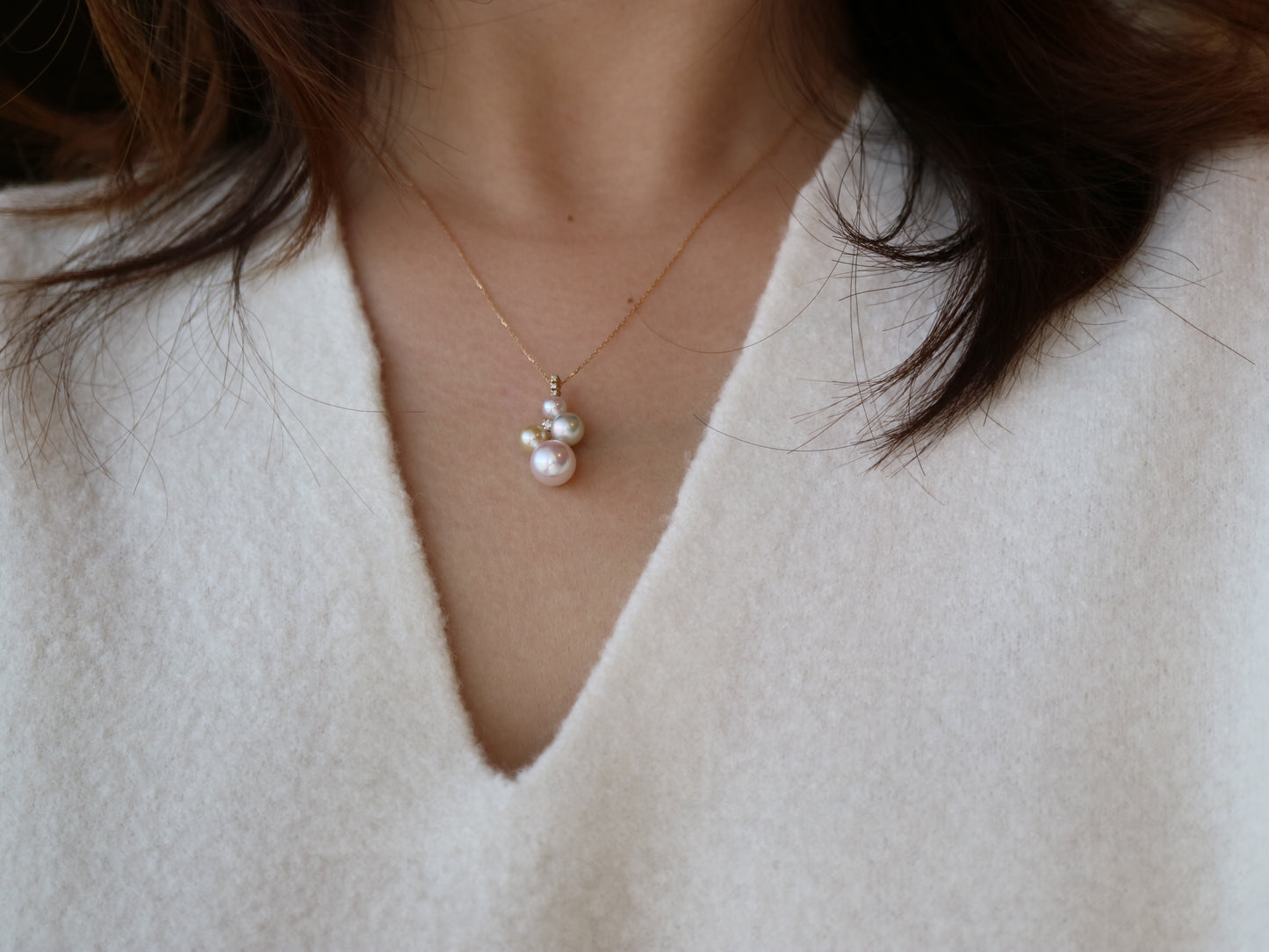 ミックスカラー / ピンクホワイト 4-7.5mm アコヤ真珠 ダイヤモンド ペンダントネックレス 18K イエローゴールド