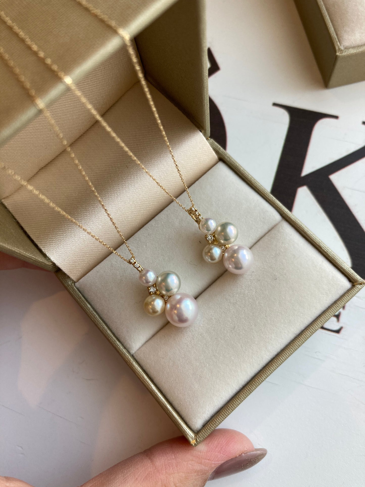 ミックスカラー / ピンクホワイト 4-7.5mm アコヤ真珠 ダイヤモンド ペンダントネックレス 18K イエローゴールド
