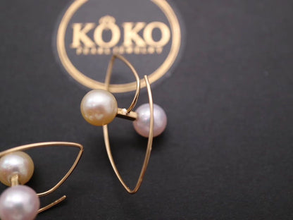 6.5mm Double Color Akoya Pearl Marquise Shaped Hoop Earrings 18K Yellow Gold - KOKOPEARLJEWELRY - 6