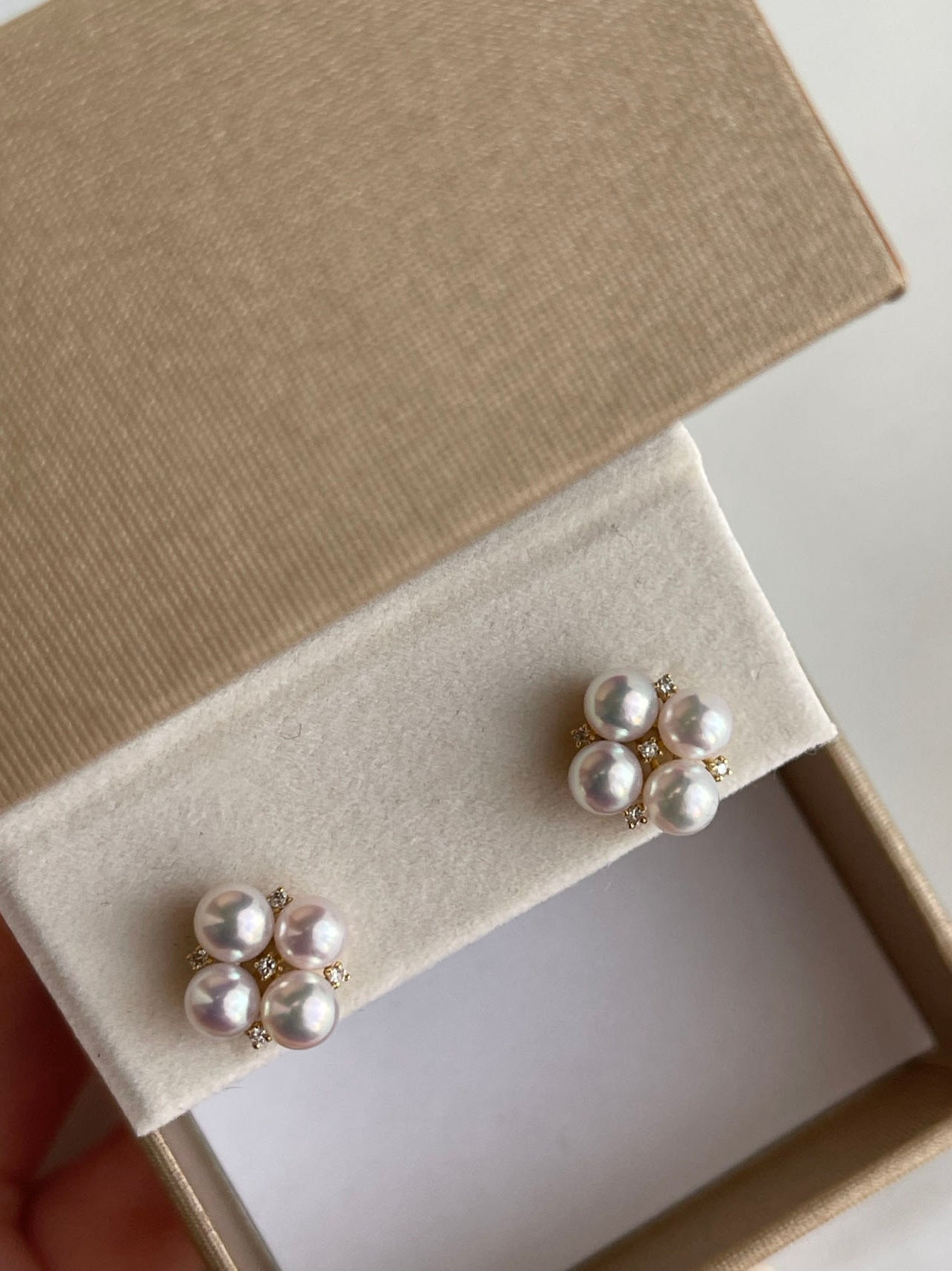 4.5mm Akoya Pearl Diamond Clover Stud Earrings 18K Yellow Gold - KOKOPEARLJEWELRY - 5