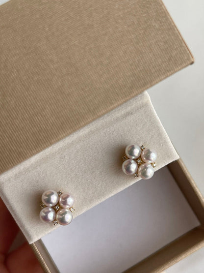 4.5mm Akoya Pearl Diamond Clover Stud Earrings 18K Yellow Gold - KOKOPEARLJEWELRY - 5