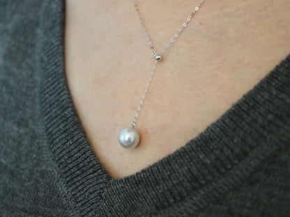 8mm Natural Silver Gray Akoya Pearl Adjustable Y Necklace 18K White Gold - KOKOPEARLJEWELRY - 3