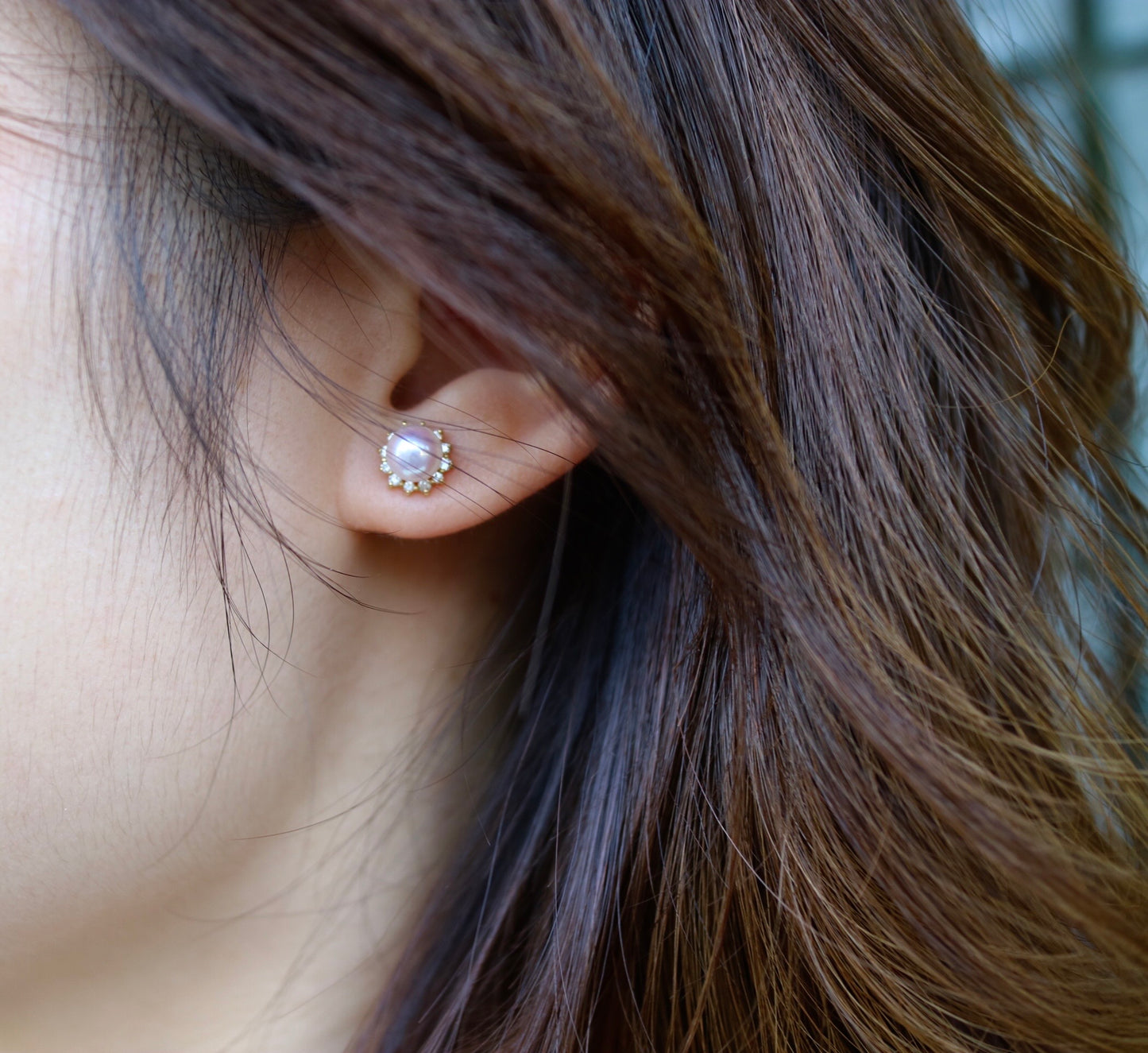6.5mm Akoya Pearl Diamond Halo Stud Earrings 18K Solid Gold