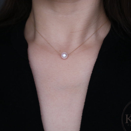 10K Gold Japanese Akoya Floating Pearl Pendant Necklace, 8.5–9.0mm