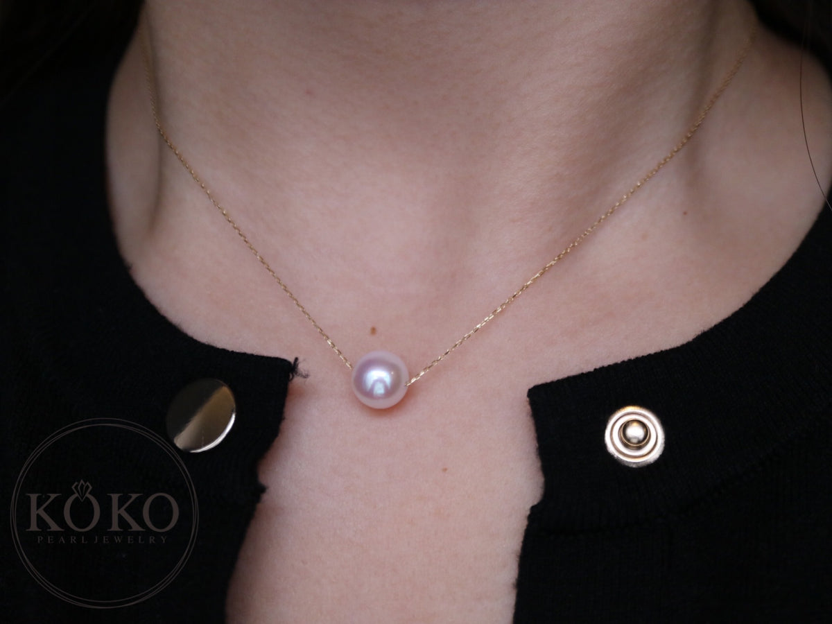 10K Gold Japanese Akoya Floating Pearl Pendant Necklace, 8.5–9.0mm