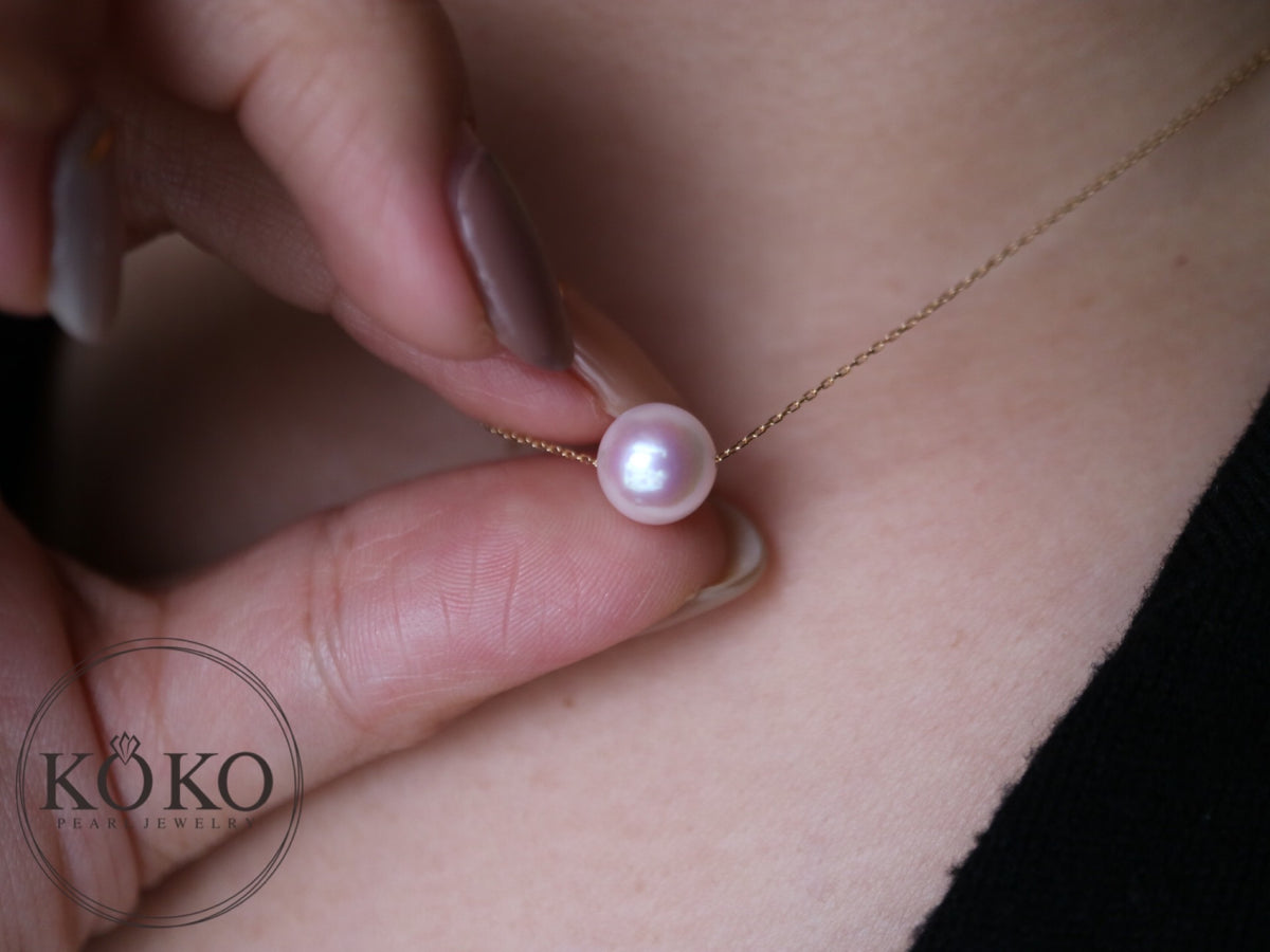10K Gold Japanese Akoya Floating Pearl Pendant Necklace, 8.5–9.0mm