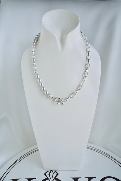 8.5mm Natural Silver Blue Baroque Akoya Pearl ＆ 925 Silver Paperclip Link Chain Necklace - KOKOPEARLJEWELRY - 5