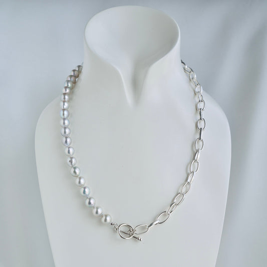 8.5mm Natural Silver Blue Baroque Akoya Pearl ＆ 925 Silver Paperclip Link Chain Necklace