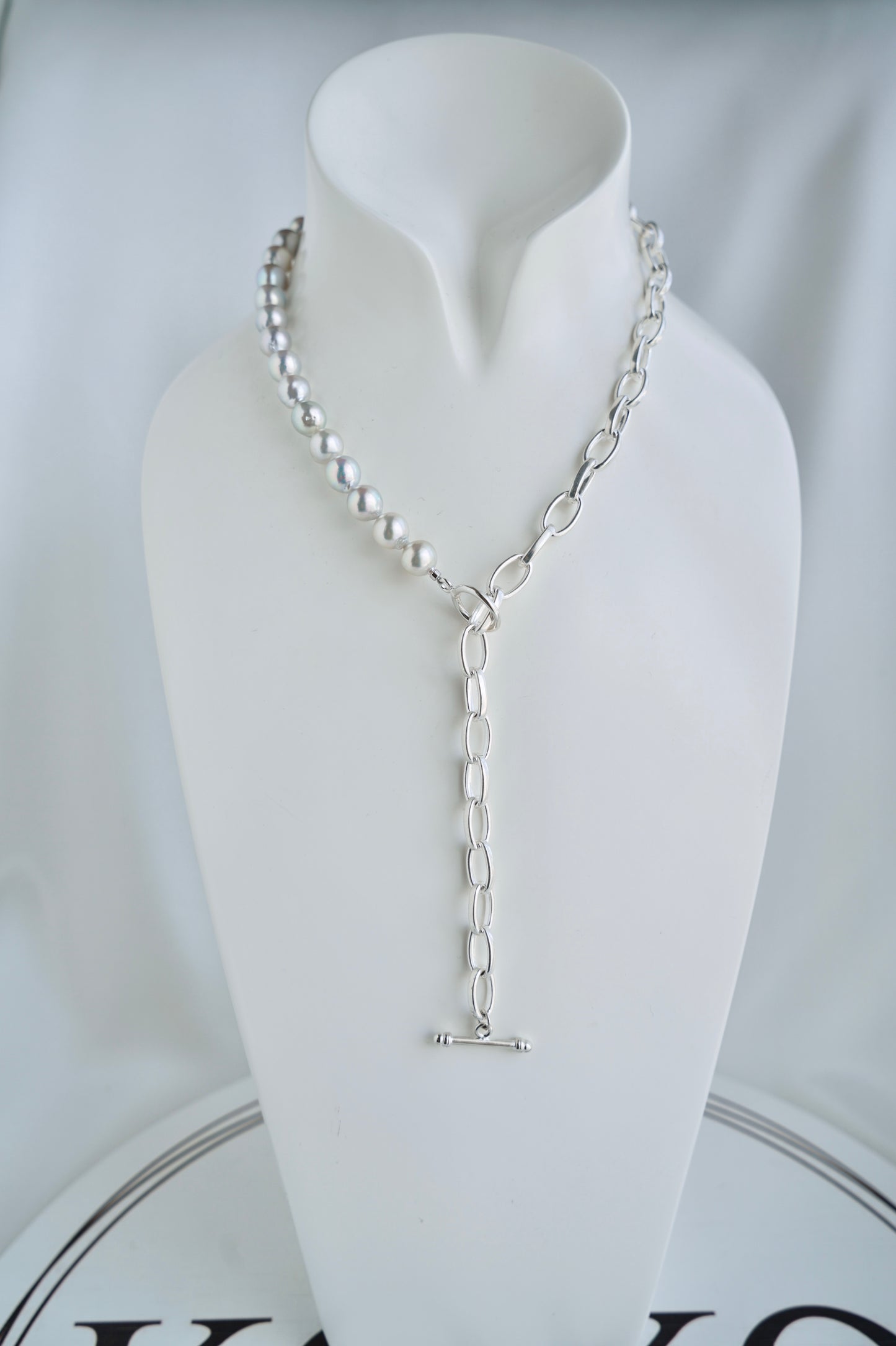 8.5mm ナチュラルシルバー ブルー バロック アコヤ真珠 ＆ 925 シルバー ペーパークリップ リンク チェーン ネックレス
