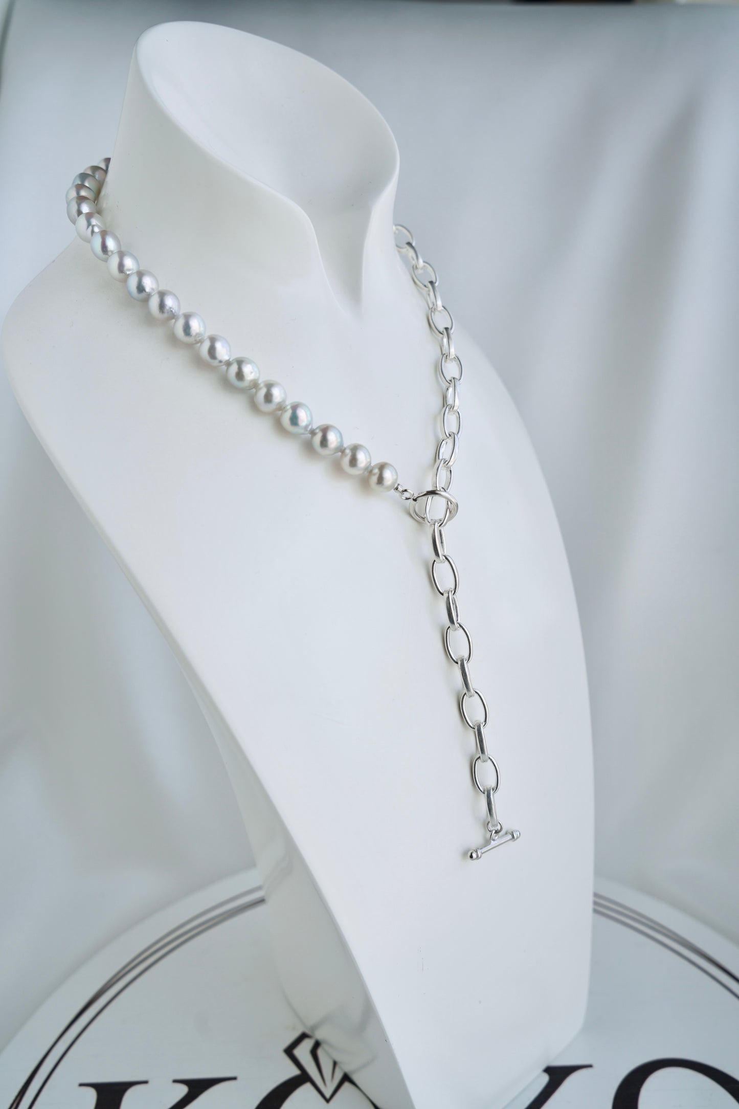 8.5mm ナチュラルシルバー ブルー バロック アコヤ真珠 ＆ 925 シルバー ペーパークリップ リンク チェーン ネックレス