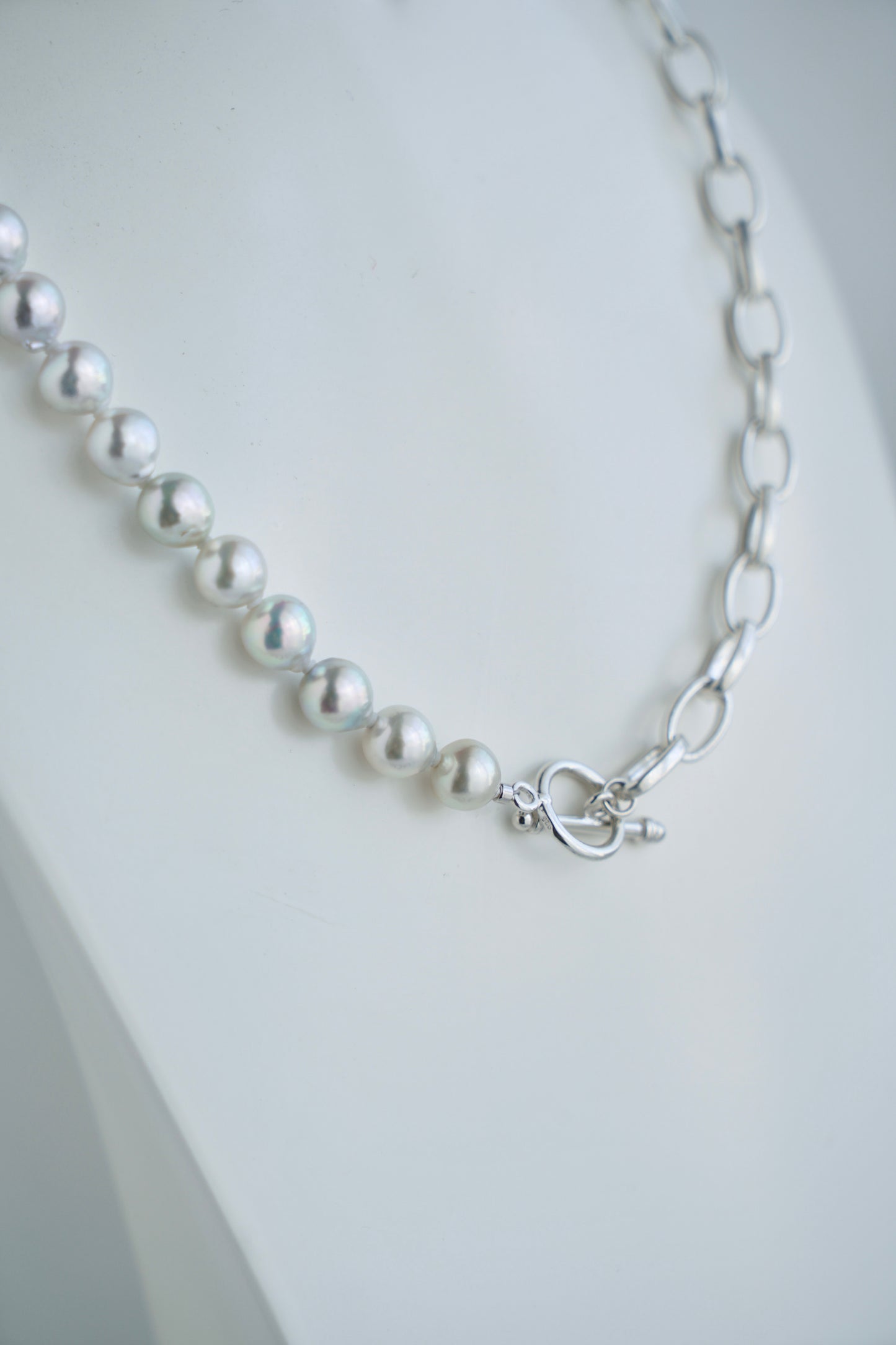 8.5mm ナチュラルシルバー ブルー バロック アコヤ真珠 ＆ 925 シルバー ペーパークリップ リンク チェーン ネックレス