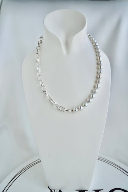 8.5mm Natural Silver Blue Baroque Akoya Pearl ＆ 925 Silver Paperclip Link Chain Necklace - KOKOPEARLJEWELRY - 9