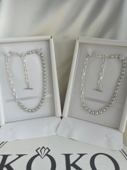 8.5mm Natural Silver Blue Baroque Akoya Pearl ＆ 925 Silver Paperclip Link Chain Necklace - KOKOPEARLJEWELRY - 10