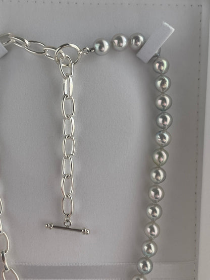 8.5mm Natural Silver Blue Baroque Akoya Pearl ＆ 925 Silver Paperclip Link Chain Necklace - KOKOPEARLJEWELRY - 11