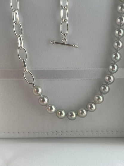 8.5mm Natural Silver Blue Baroque Akoya Pearl ＆ 925 Silver Paperclip Link Chain Necklace - KOKOPEARLJEWELRY - 12
