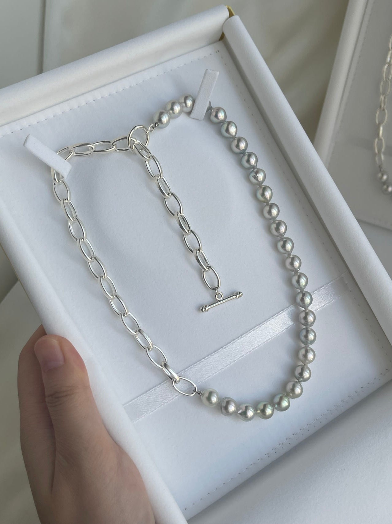 8.5mm ナチュラルシルバー ブルー バロック アコヤ真珠 ＆ 925 シルバー ペーパークリップ リンク チェーン ネックレス