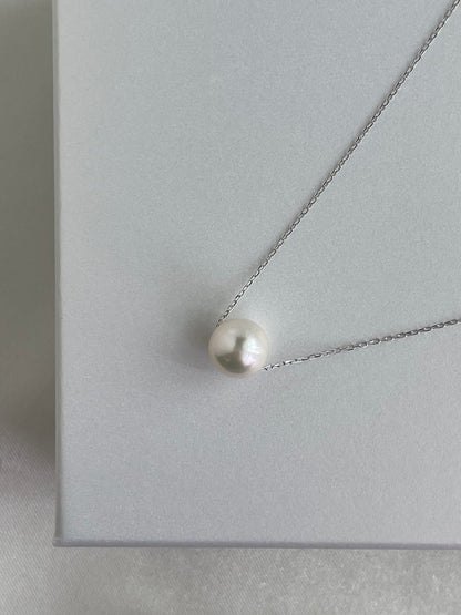 8.5 - 9mm Akoya Pearl Floating Pendant Necklace – 10K White Gold Chain - KOKOPEARLJEWELRY - 8