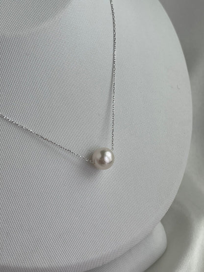 8.5 - 9mm Akoya Pearl Floating Pendant Necklace – 10K White Gold Chain - KOKOPEARLJEWELRY - 6