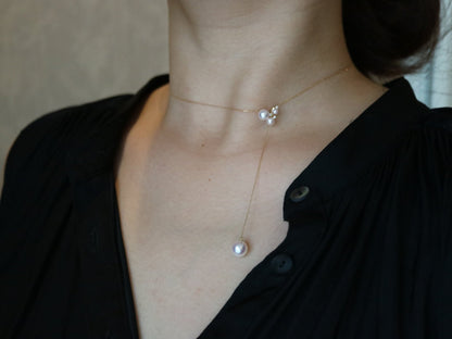 3 - 7.5mm Akoya Pearl Diamond Adjustable Y Shape Pendant Necklace 18K Yellow Gold - KOKOPEARLJEWELRY - 6
