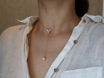 3 - 7.5mm Akoya Pearl Diamond Adjustable Y Shape Pendant Necklace 18K Yellow Gold - KOKOPEARLJEWELRY - 1