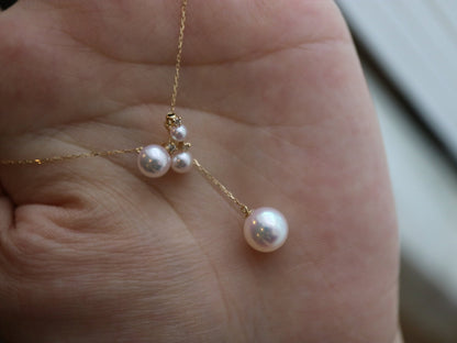 3 - 7.5mm Akoya Pearl Diamond Adjustable Y Shape Pendant Necklace 18K Yellow Gold - KOKOPEARLJEWELRY - 5