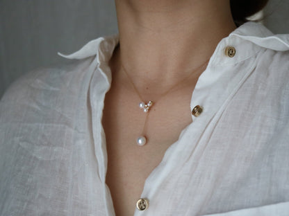 3 - 7.5mm Akoya Pearl Diamond Adjustable Y Shape Pendant Necklace 18K Yellow Gold - KOKOPEARLJEWELRY - 8