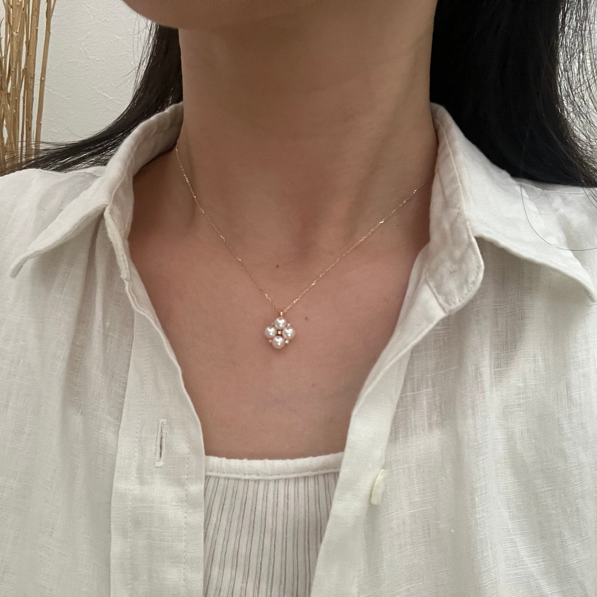 4.5mm Akoya Pearl Diamond Clover Pendant Necklace 18K Yellow Gold