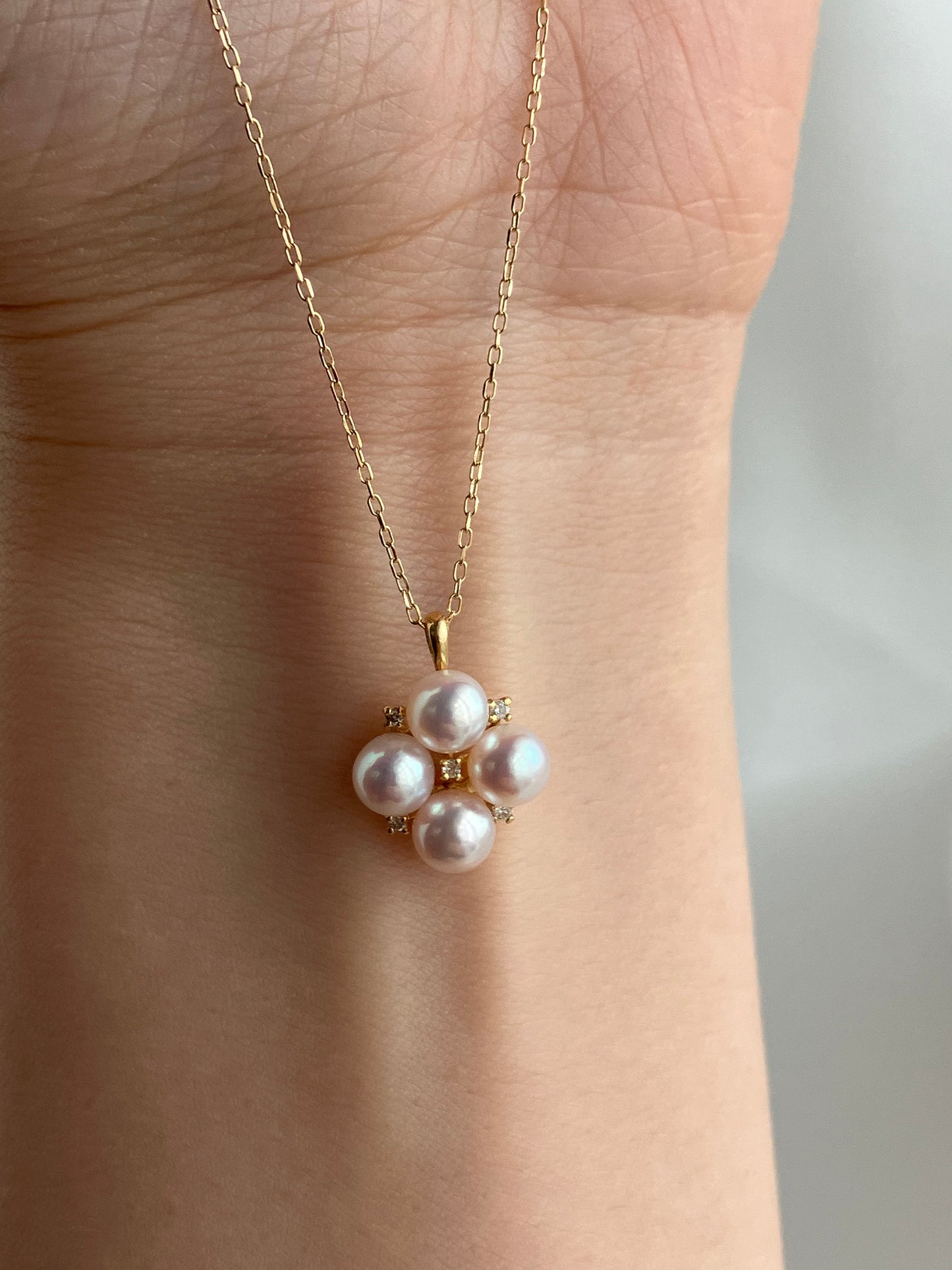4.5mm Akoya Pearl Diamond Clover Pendant Necklace 18K Yellow Gold
