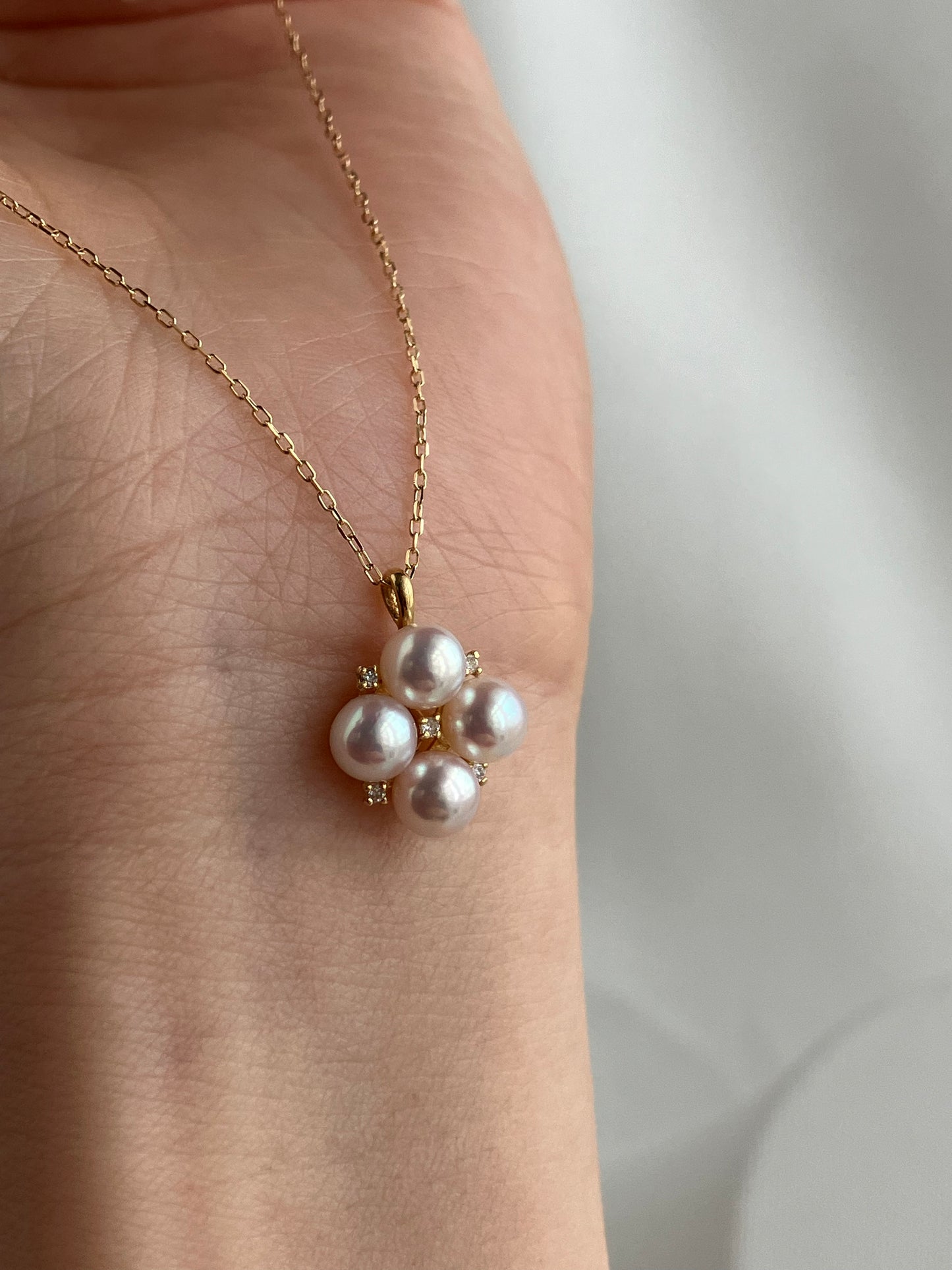 4.5mm Akoya Pearl Diamond Clover Pendant Necklace 18K Yellow Gold