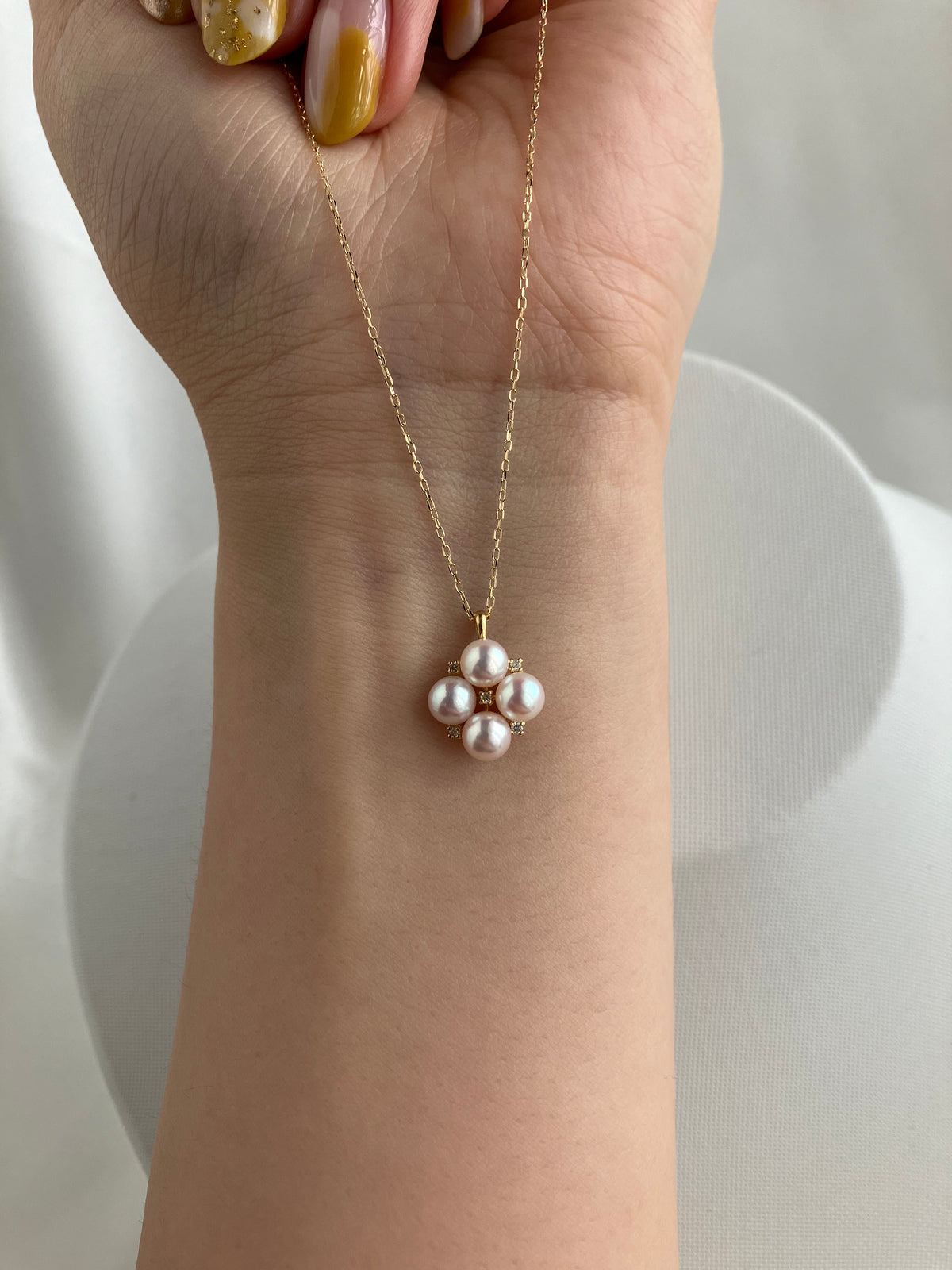 4.5mm Akoya Pearl Diamond Clover Pendant Necklace 18K Yellow Gold