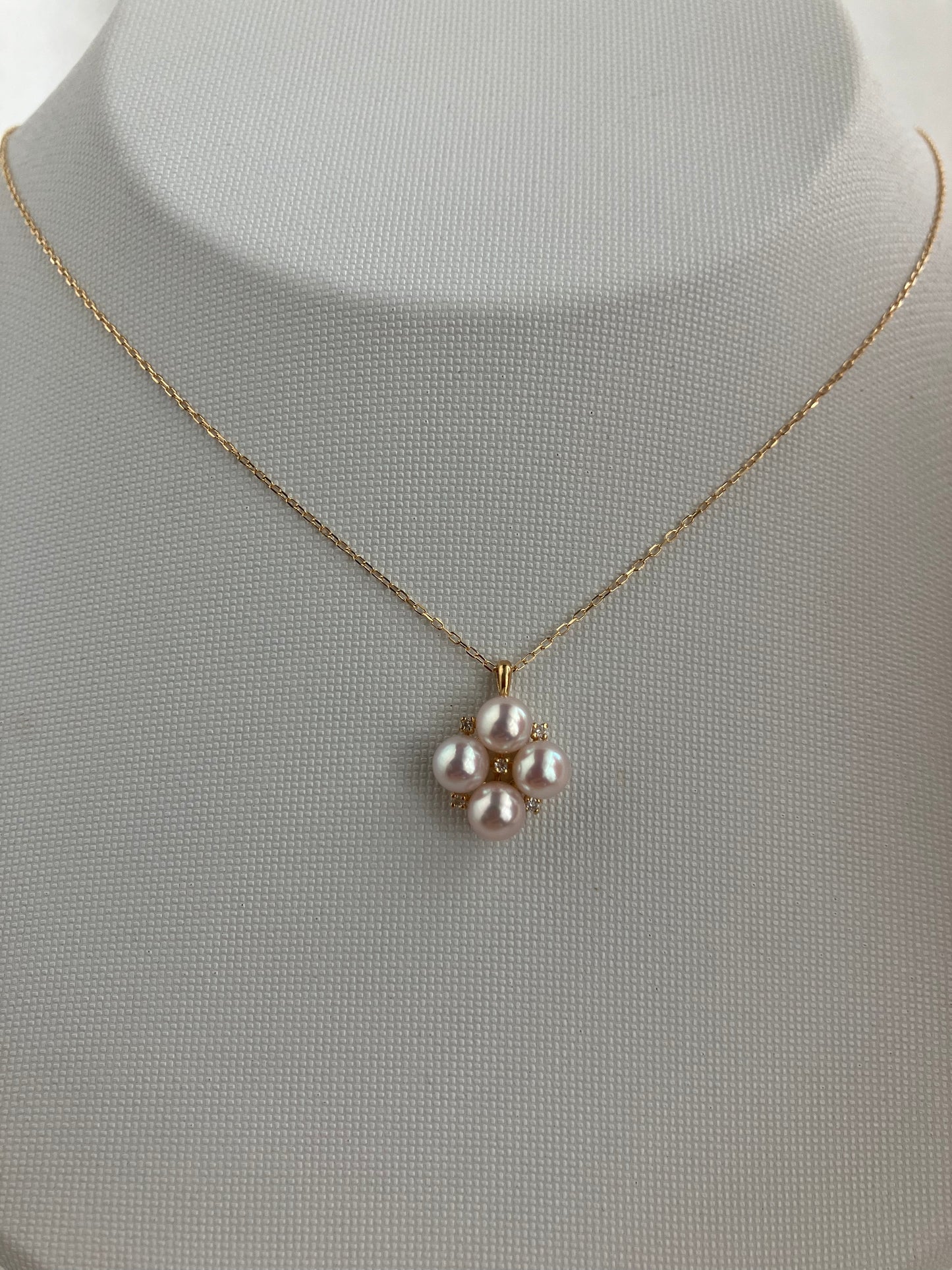 4.5mm アコヤ真珠 ダイヤモンド クローバー ペンダント ネックレス 18K イエローゴールド