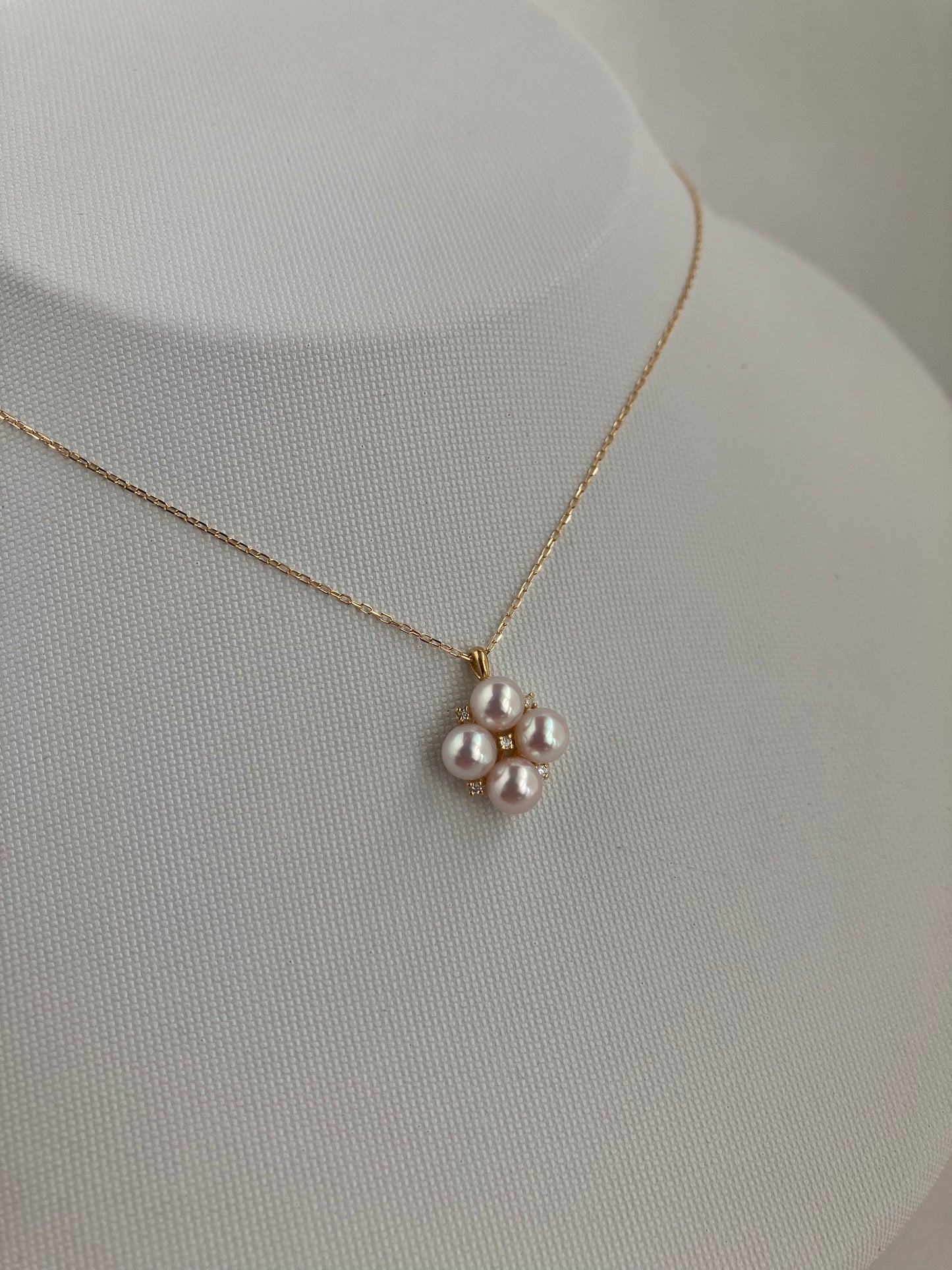 4.5mm アコヤ真珠 ダイヤモンド クローバー ペンダント ネックレス 18K イエローゴールド