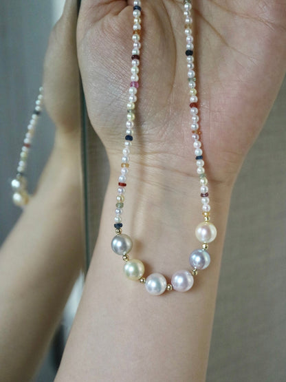 Rainbow Color Sapphire ＆ Rare 2 - 2.5mm Mixed Color Akoya Pearl Beads Strand Necklace 18K Yellow Gold - KOKOPEARLJEWELRY - 2