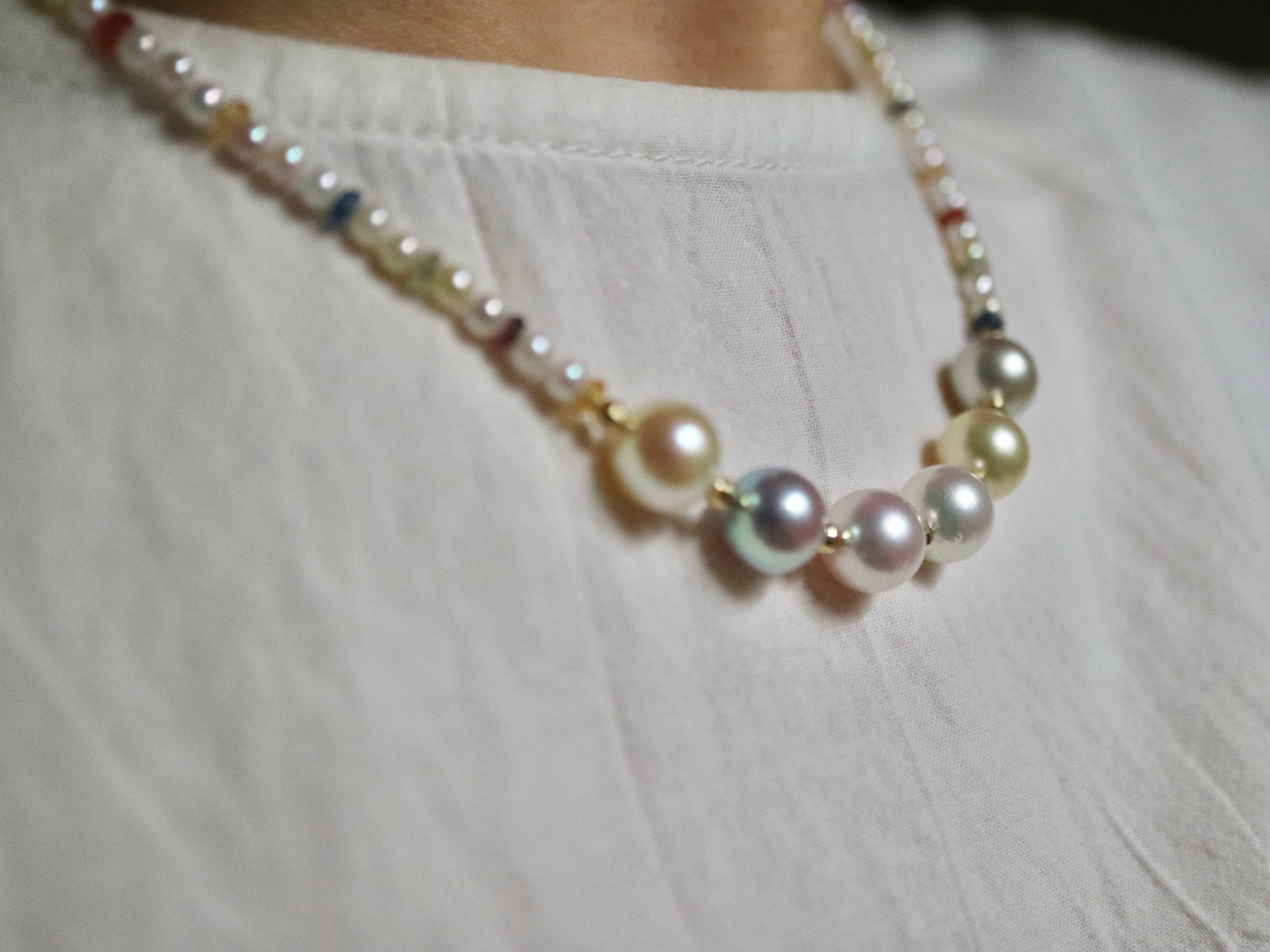 Rainbow Color Sapphire ＆ Rare 2.0-2.5mm Mixed Color Akoya Pearl Beads Strand Necklace 18K Yellow Gold