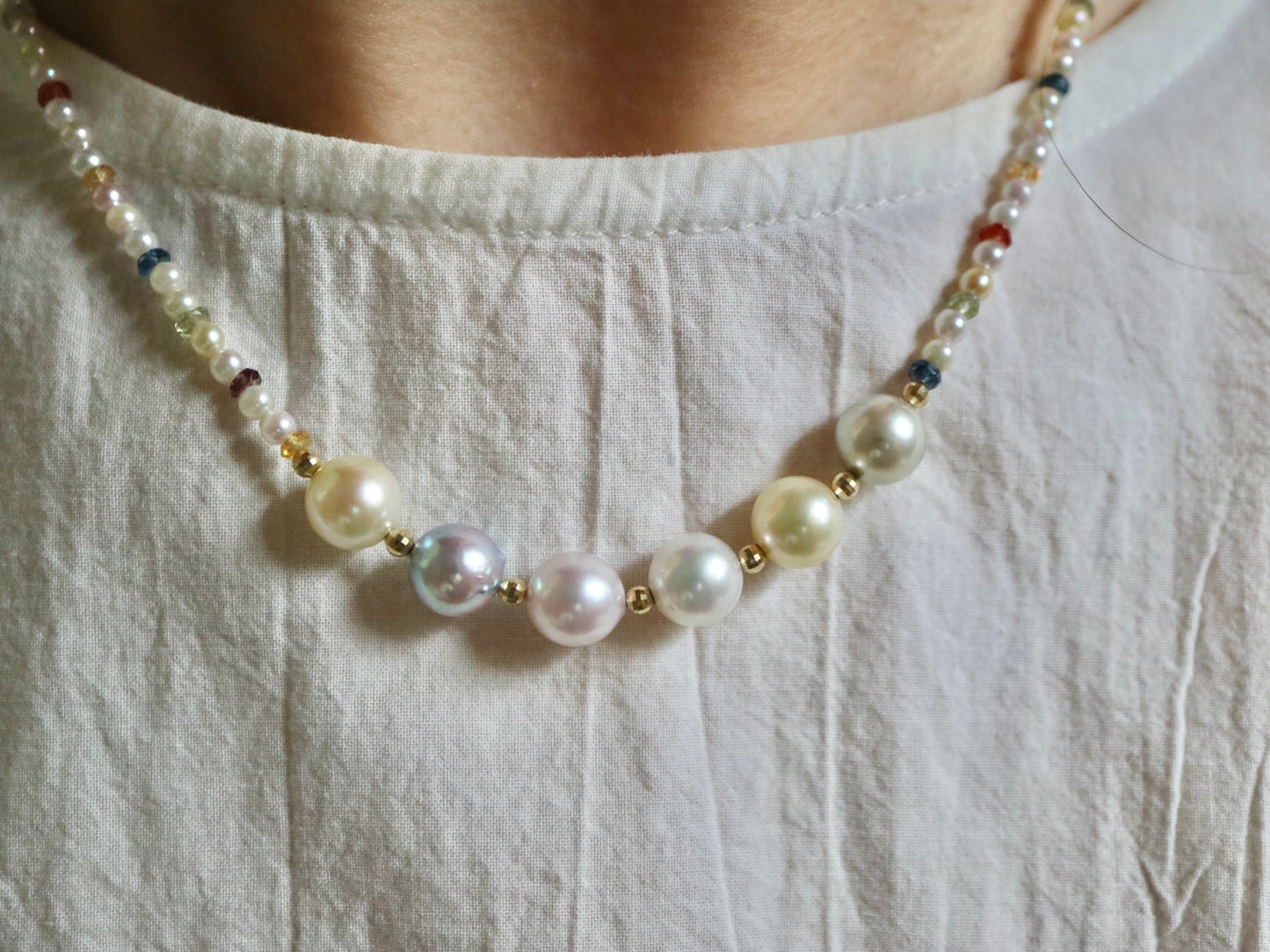 Rainbow Color Sapphire ＆ Rare 2.0-2.5mm Mixed Color Akoya Pearl Beads Strand Necklace 18K Yellow Gold