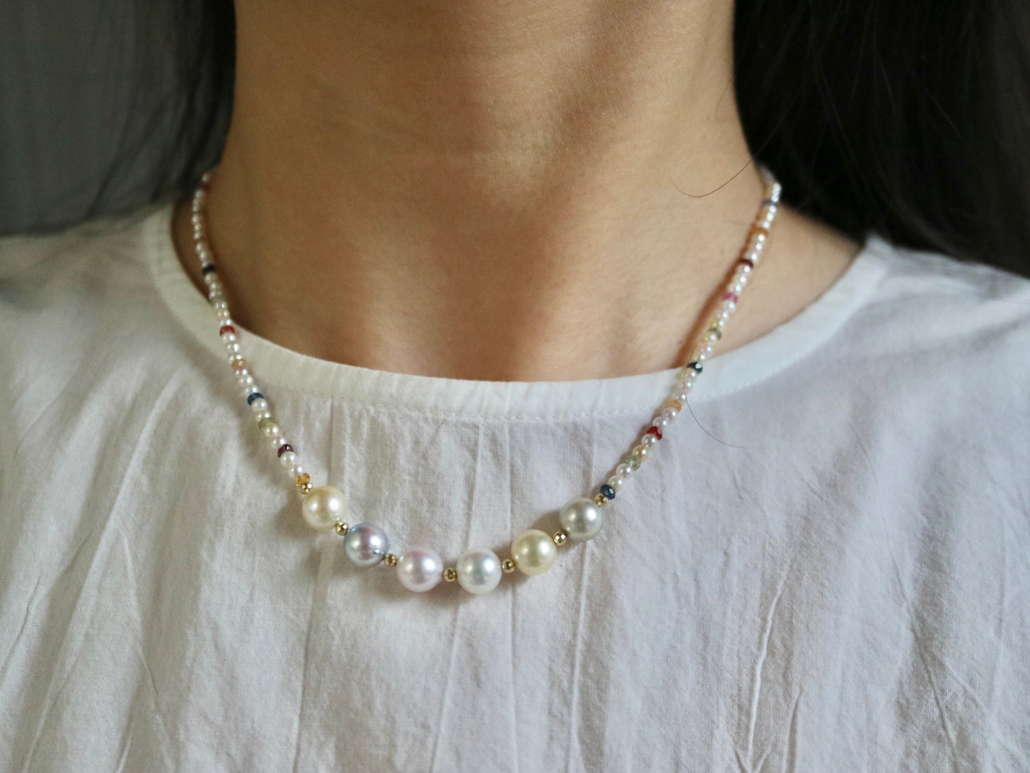 Rainbow Color Sapphire ＆ Rare 2.0-2.5mm Mixed Color Akoya Pearl Beads Strand Necklace 18K Yellow Gold