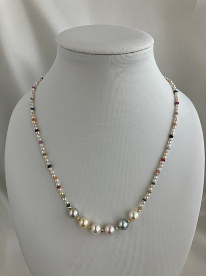Rainbow Color Sapphire ＆ Rare 2 - 2.5mm Mixed Color Akoya Pearl Beads Strand Necklace 18K Yellow Gold - KOKOPEARLJEWELRY - 6