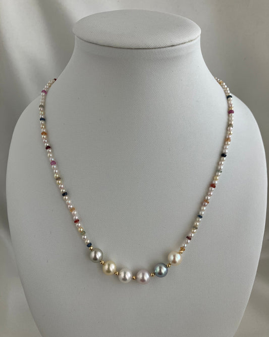 Rainbow Color Sapphire ＆ Rare 2.0-2.5mm Mixed Color Akoya Pearl Beads Strand Necklace 18K Yellow Gold