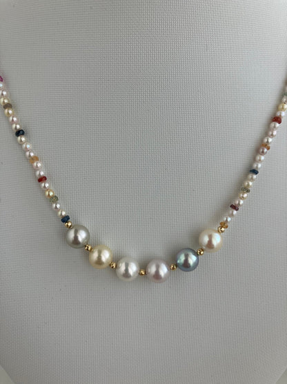 Rainbow Color Sapphire ＆ Rare 2 - 2.5mm Mixed Color Akoya Pearl Beads Strand Necklace 18K Yellow Gold - KOKOPEARLJEWELRY - 9