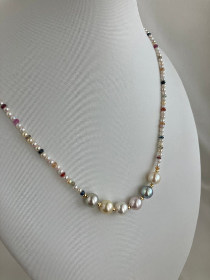 Rainbow Color Sapphire ＆ Rare 2 - 2.5mm Mixed Color Akoya Pearl Beads Strand Necklace 18K Yellow Gold - KOKOPEARLJEWELRY - 10